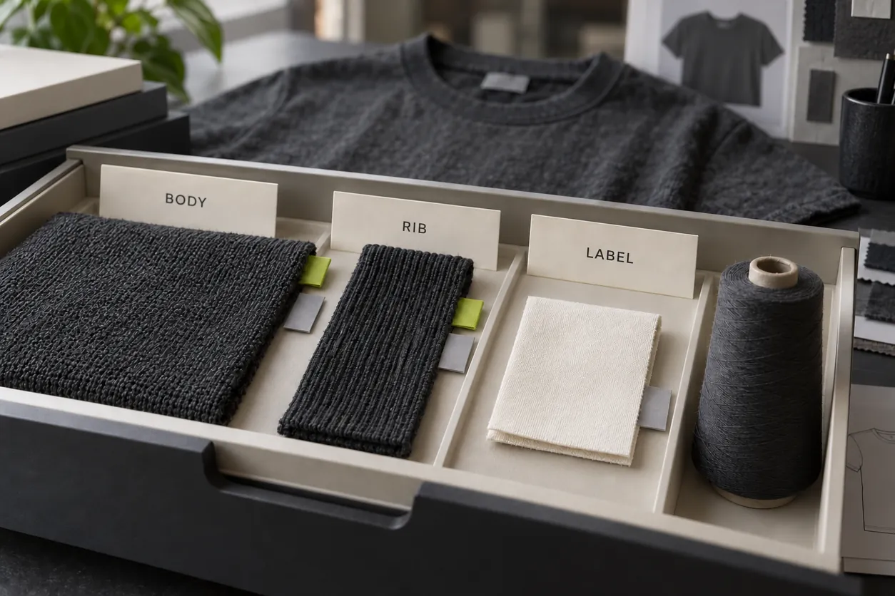 Conceptual component drawer separating body material, rib and a folded label reference for a charcoal tee