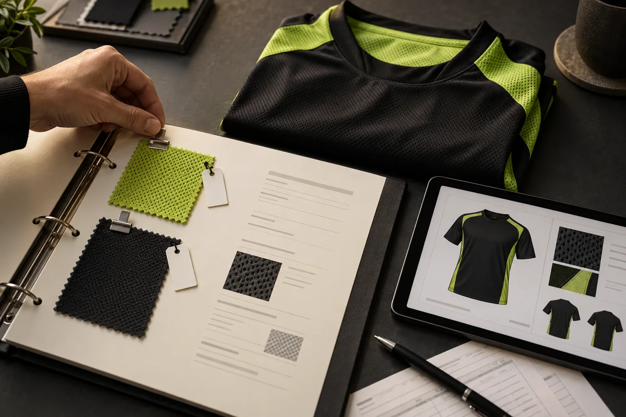 Labelled fabric swatches, a matching jersey and a specification folder are kept together as an approval reference.