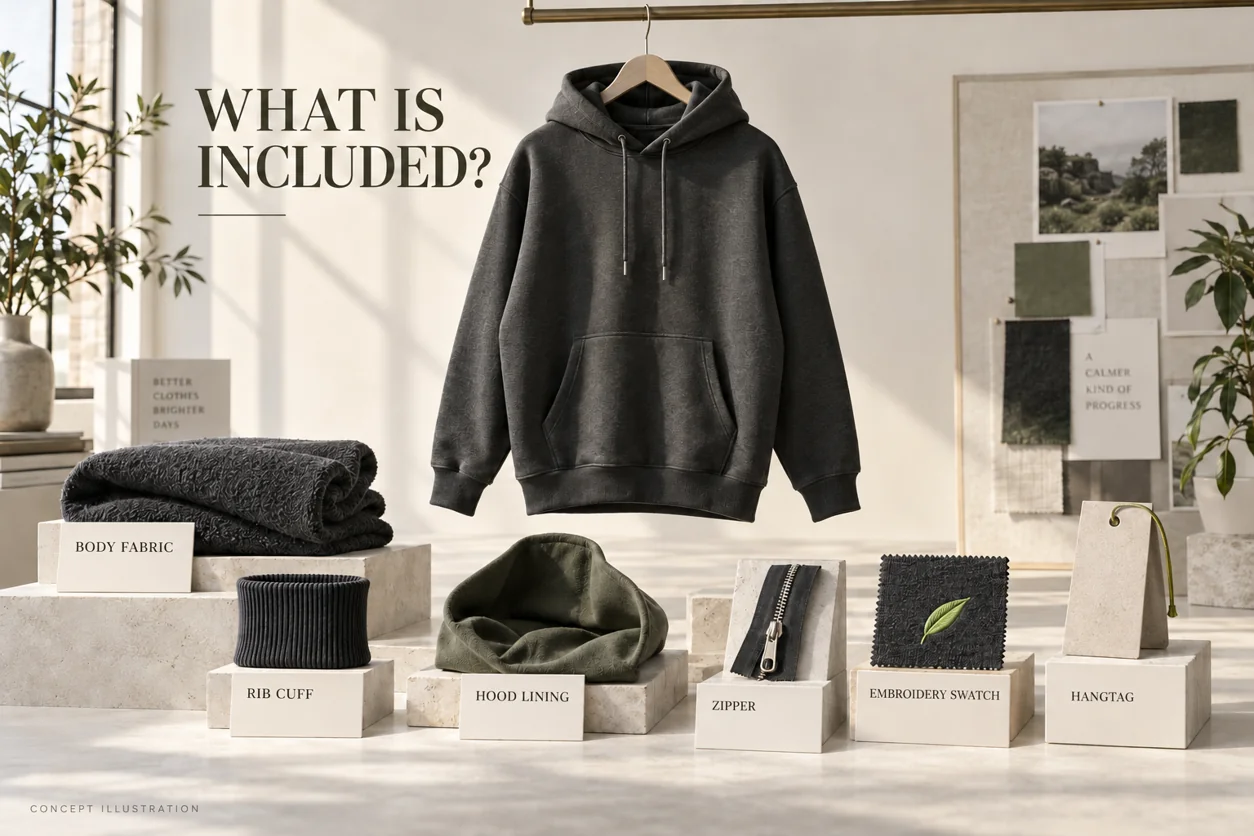 Conceptual hoodie specification scene with fabric, rib, lining, zipper, decoration and label components