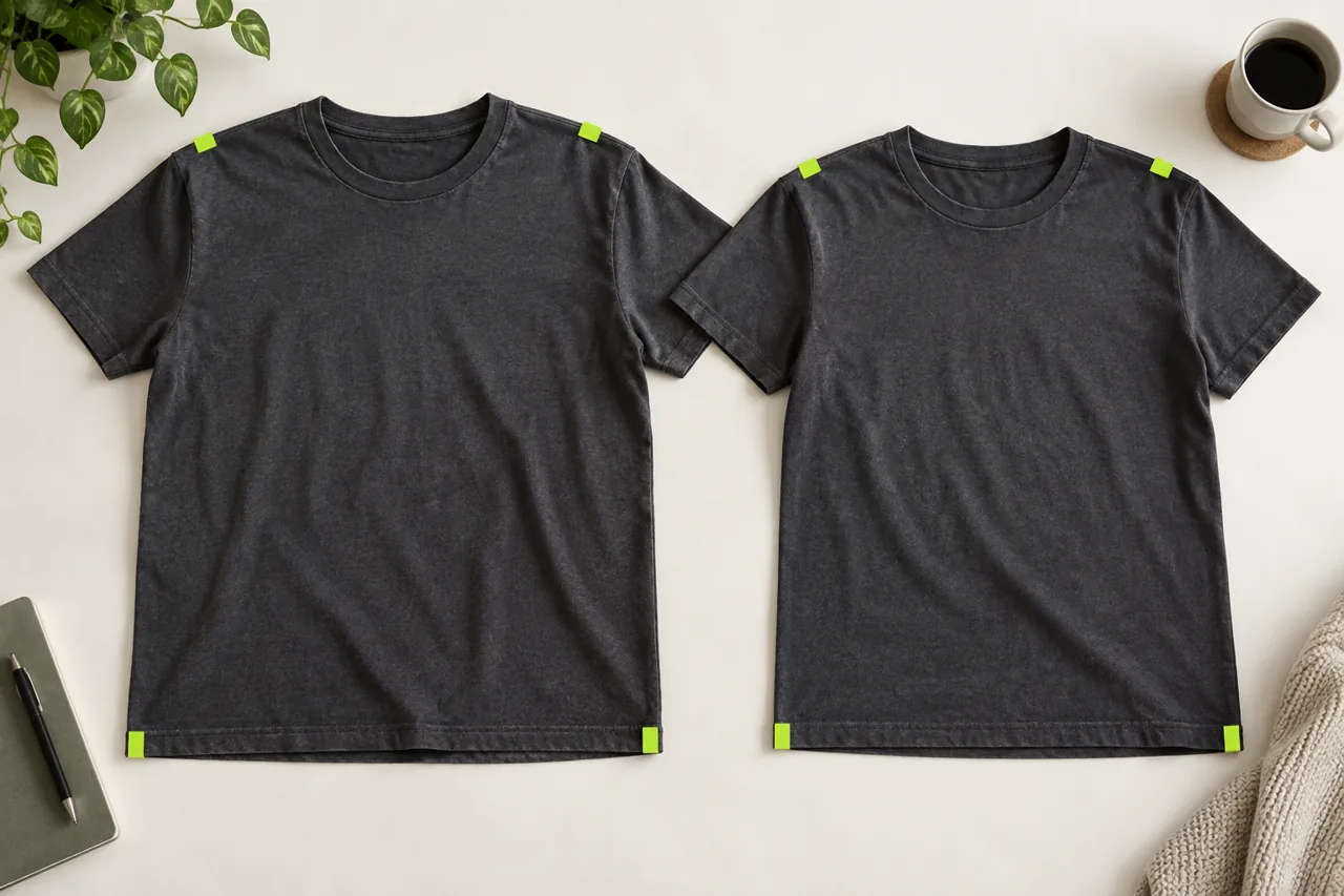 Conceptual comparison of two flat T-shirts with corresponding measurement markers