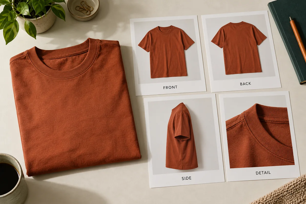 Front, back, side and detail photo cards arranged beside a folded rust tee
