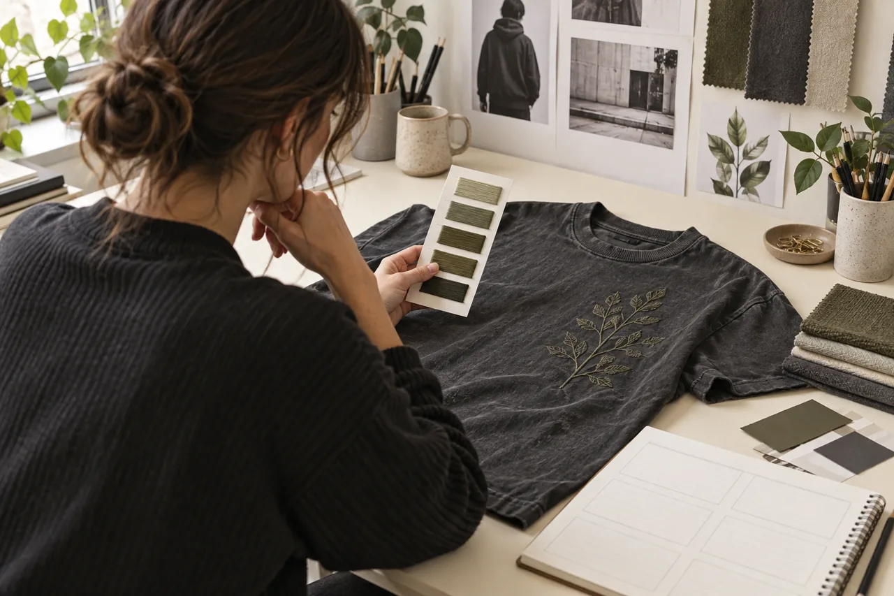 Conceptual clothing designer comparing olive thread colours with an embroidered charcoal T-shirt