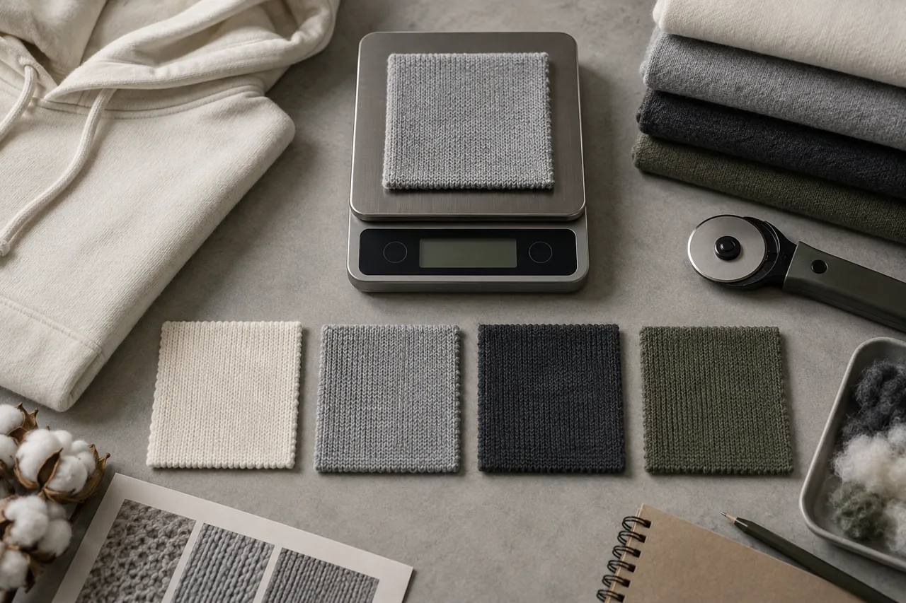 Conceptual fabric swatches and a balance illustrating mass-per-area measurement without displaying test results
