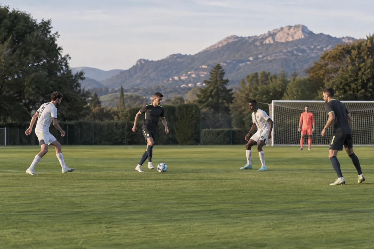 Players in predominantly dark and light kits demonstrate a colour comparison across a training pitch.