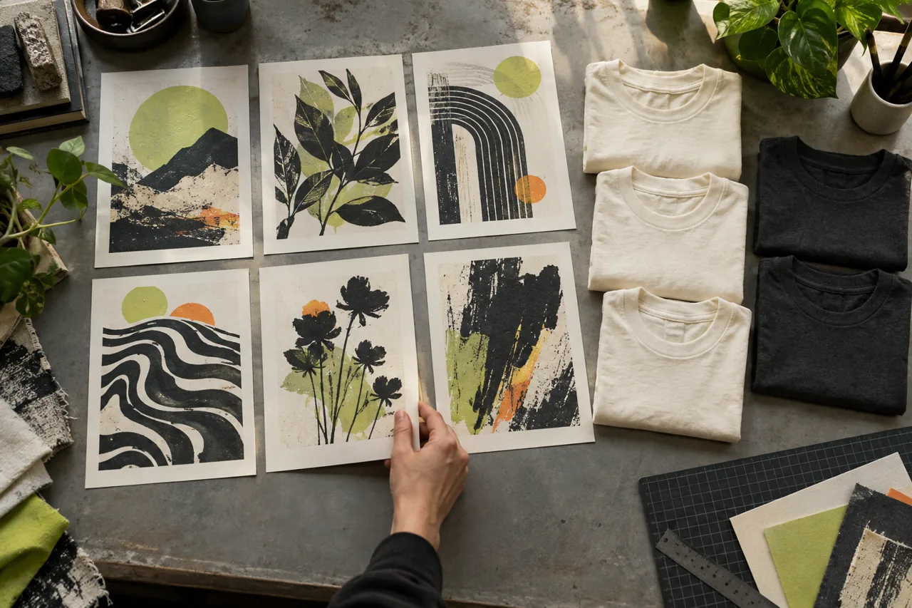 Conceptual overhead arrangement of different artwork proofs and light and dark T-shirt fabric swatches