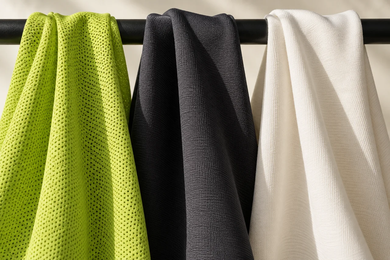 Lime mesh, charcoal smooth knit and off-white stretch fabric hang in folds to show their different textures.