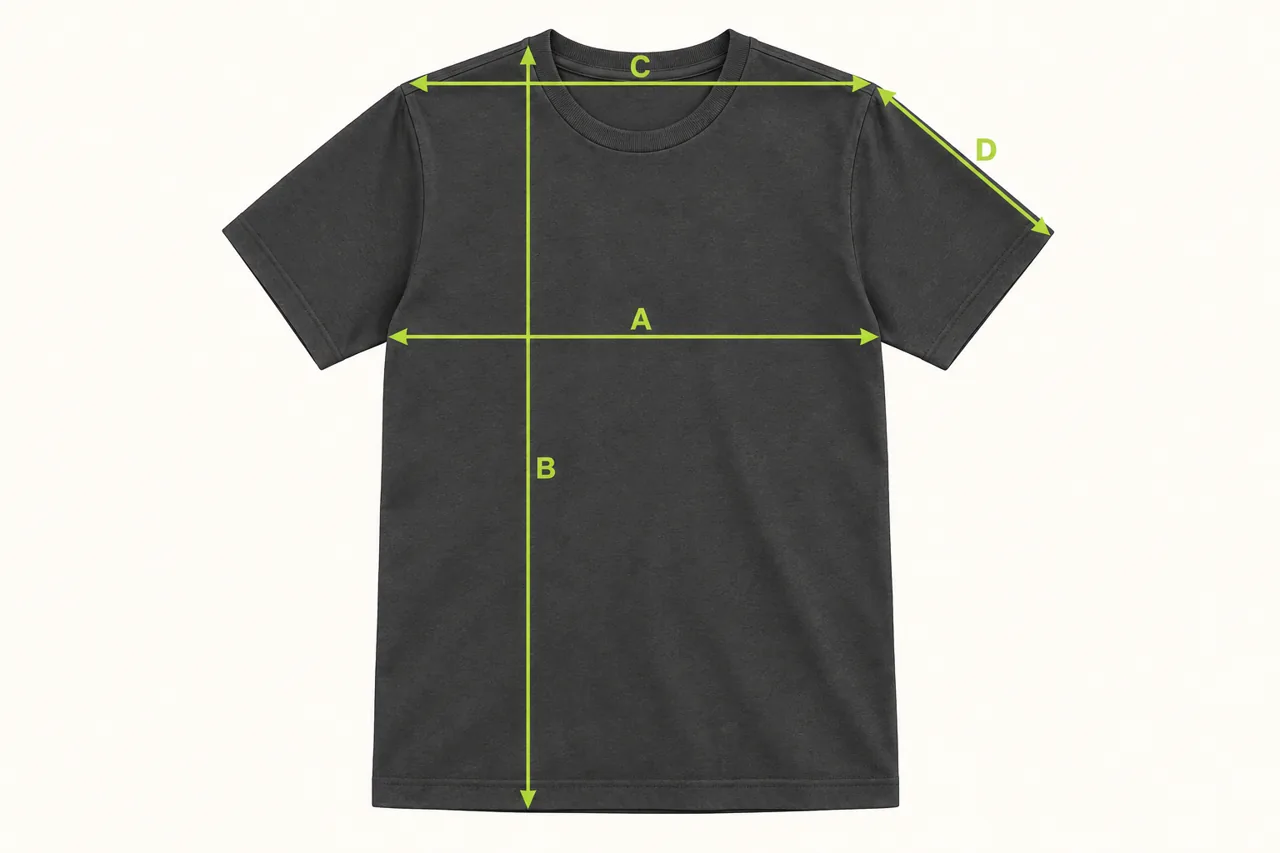 Conceptual T-shirt diagram marks chest width A, body length B, shoulder width C and sleeve length D