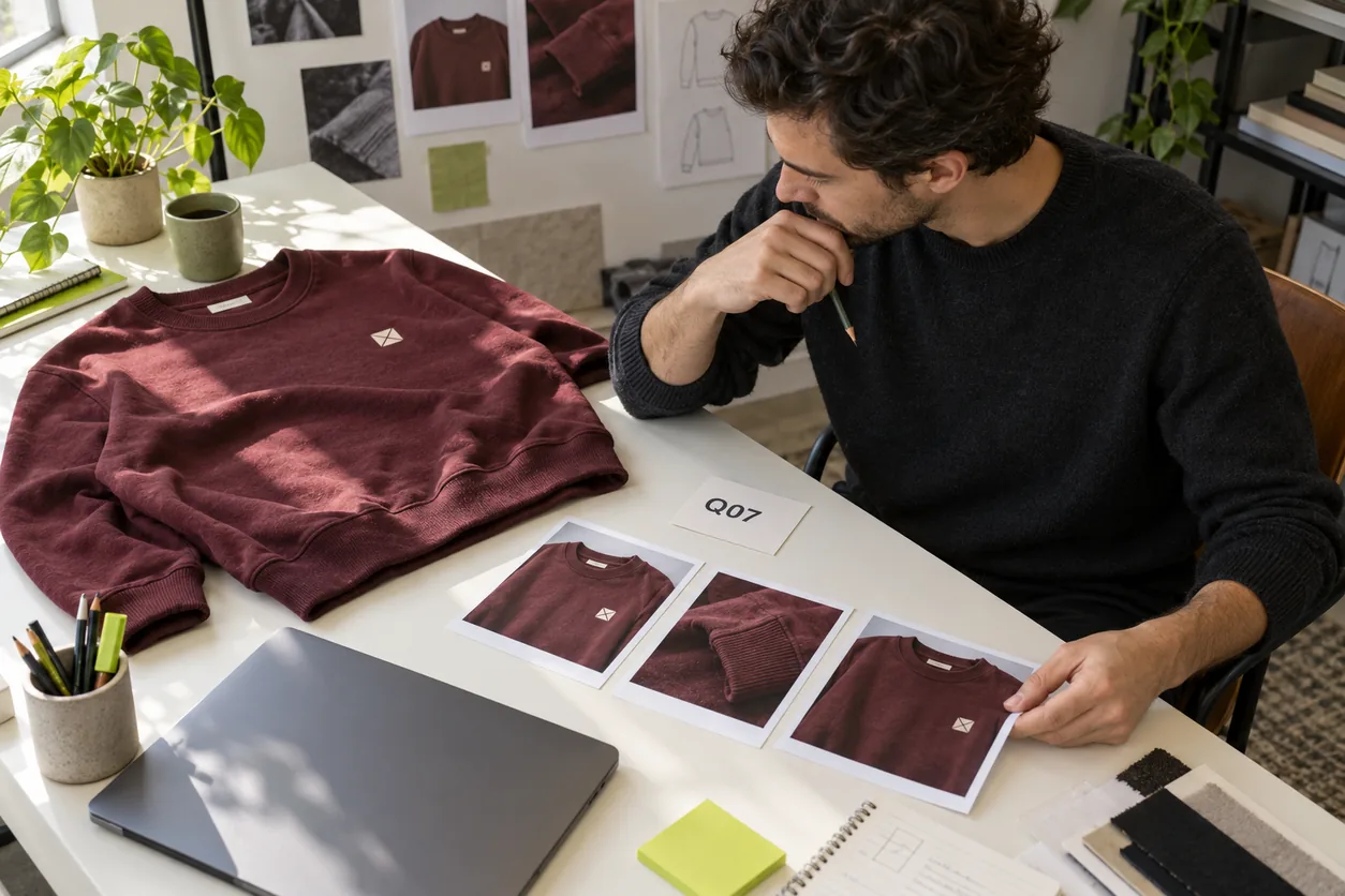 A streetwear founder organizes a fictional oxblood sweatshirt case with garment photographs and an identified reference