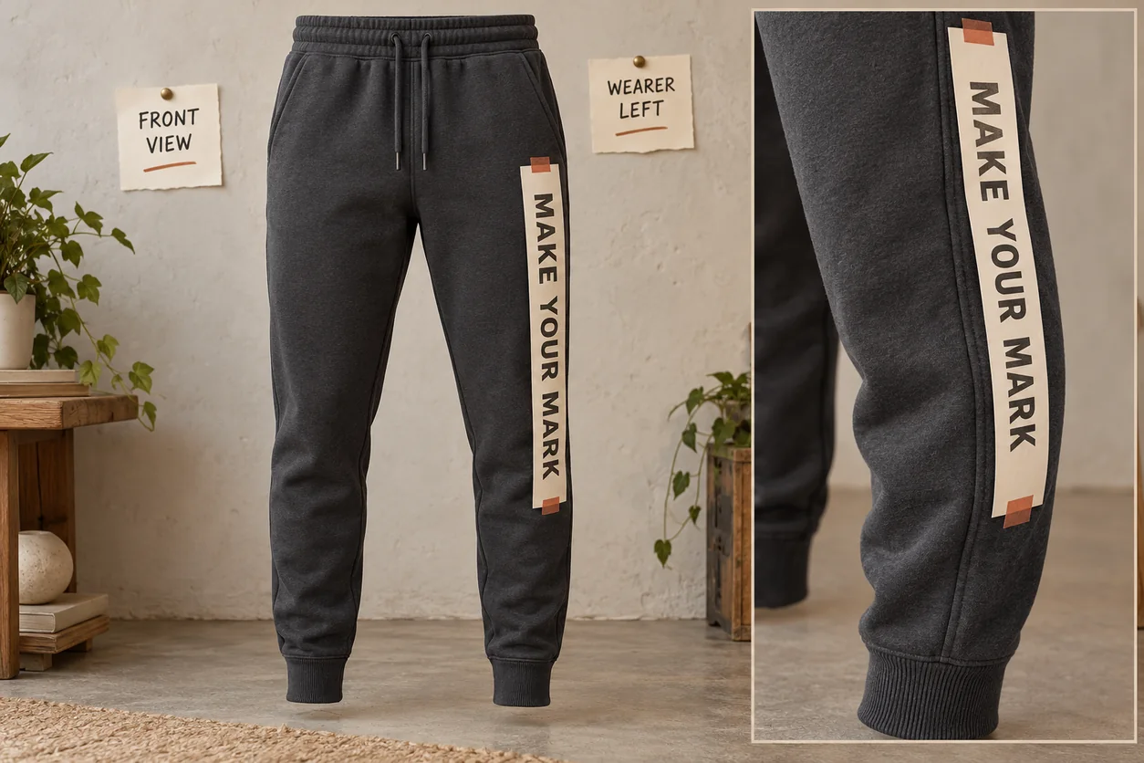 Front-view jogger concept places a paper MAKE YOUR MARK strip on the wearer-left leg with a separate seam and cuff detail