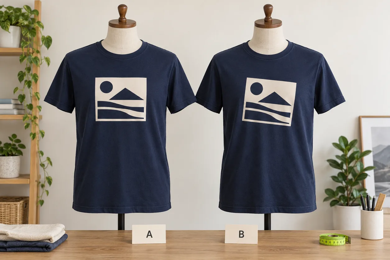 Conceptual comparison of two navy T-shirt fronts with the same abstract graphic shown at different orientations