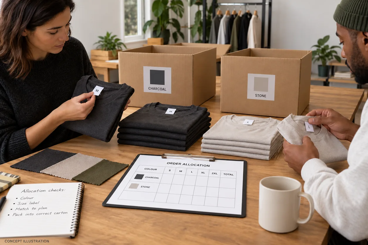 A packing plan separates folded tee colors and size tickets beside a blank order-grid clipboard