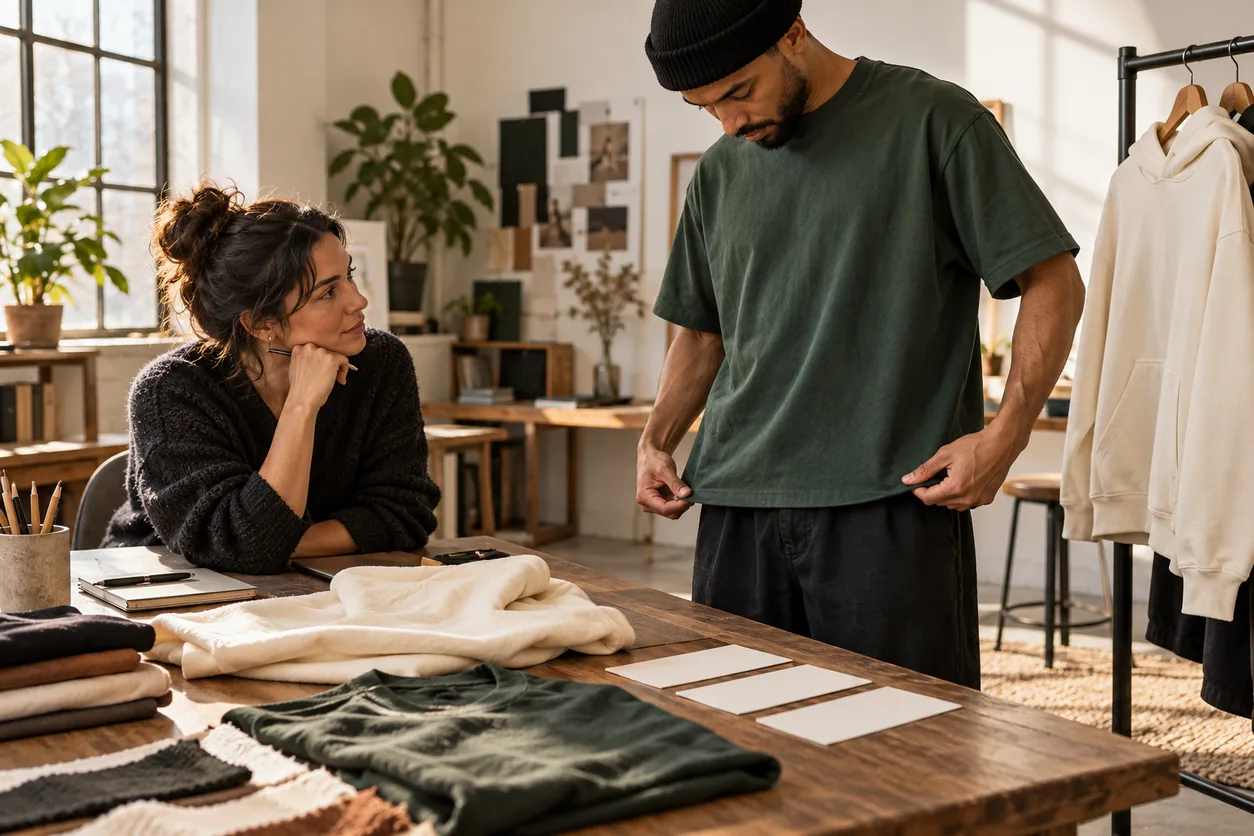 Founder listening while an adult wearer shows the hem position of a forest-green boxy tee
