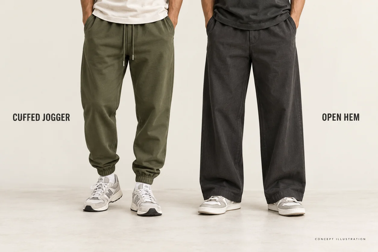 Comparison of a cuffed jogger silhouette and a wide open-hem trouser silhouette