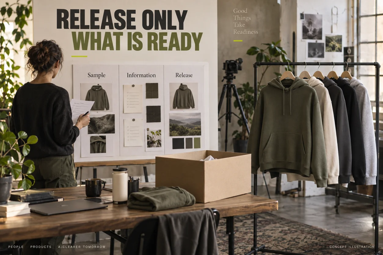 Conceptual launch-preparation studio linking a hoodie sample, product information and a release decision