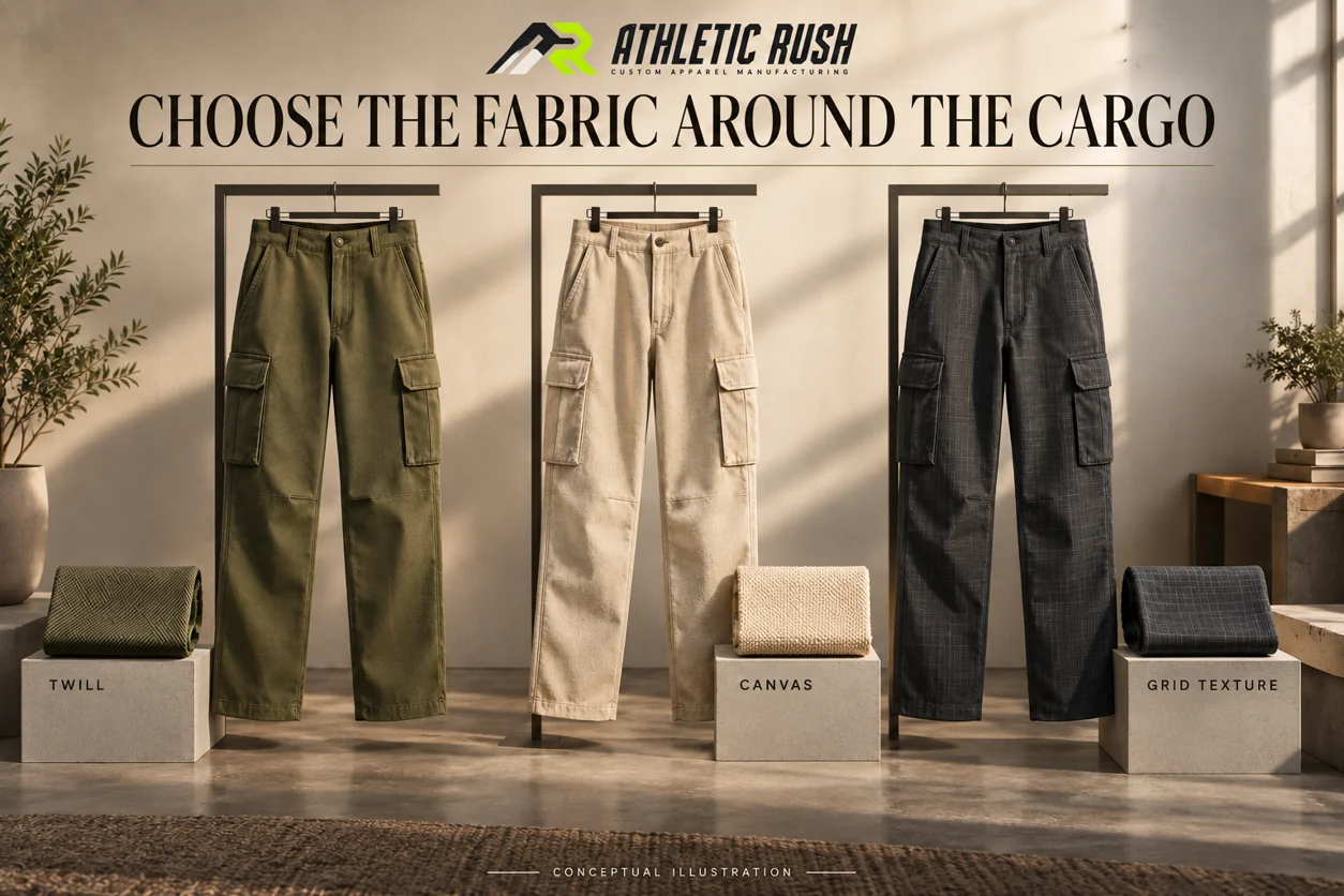 Three conceptual cargo trousers in olive, ivory and charcoal displayed with coordinating material swatches