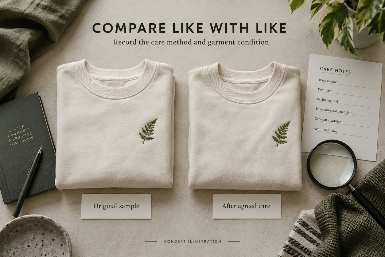 Conceptual inspection arrangement comparing an original sweatshirt sample with a sample after agreed care