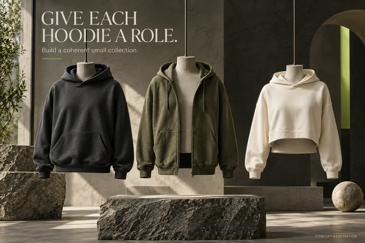 Conceptual gallery of a relaxed pullover, full-zip hoodie and cropped hoodie with distinct silhouettes