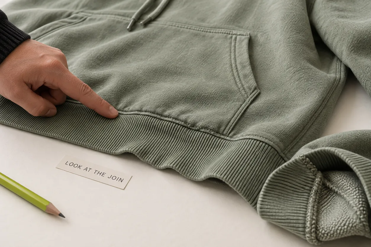 Conceptual close inspection of a hoodie body-to-rib join and pocket area after care