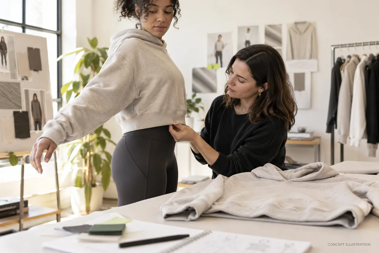 A wearer and developer review the hem position of a cropped hoodie separately from a relaxed garment measurement sheet