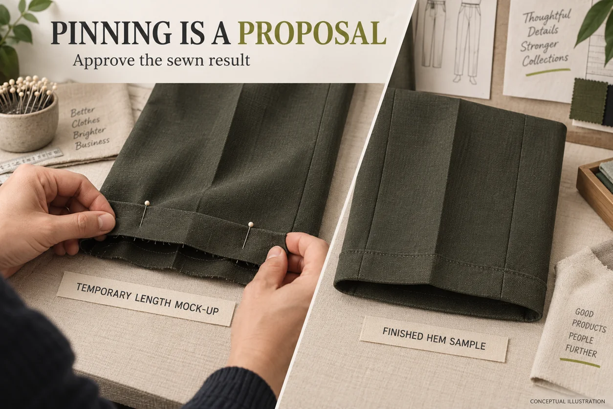 Conceptual workshop comparison of a temporary pinned length mock-up and a separately presented finished sewn hem
