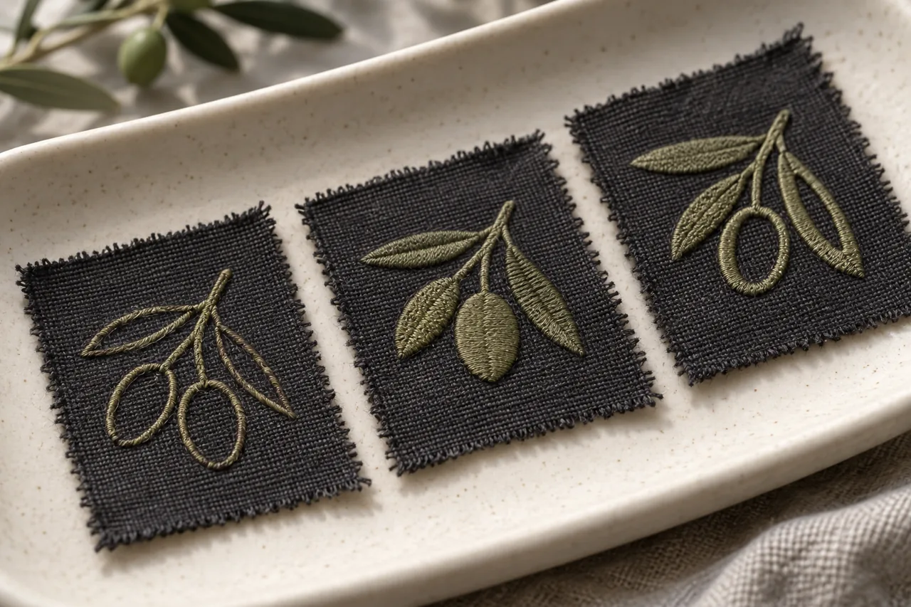 Conceptual close-up of embroidered geometric motifs with differing line widths and open spaces
