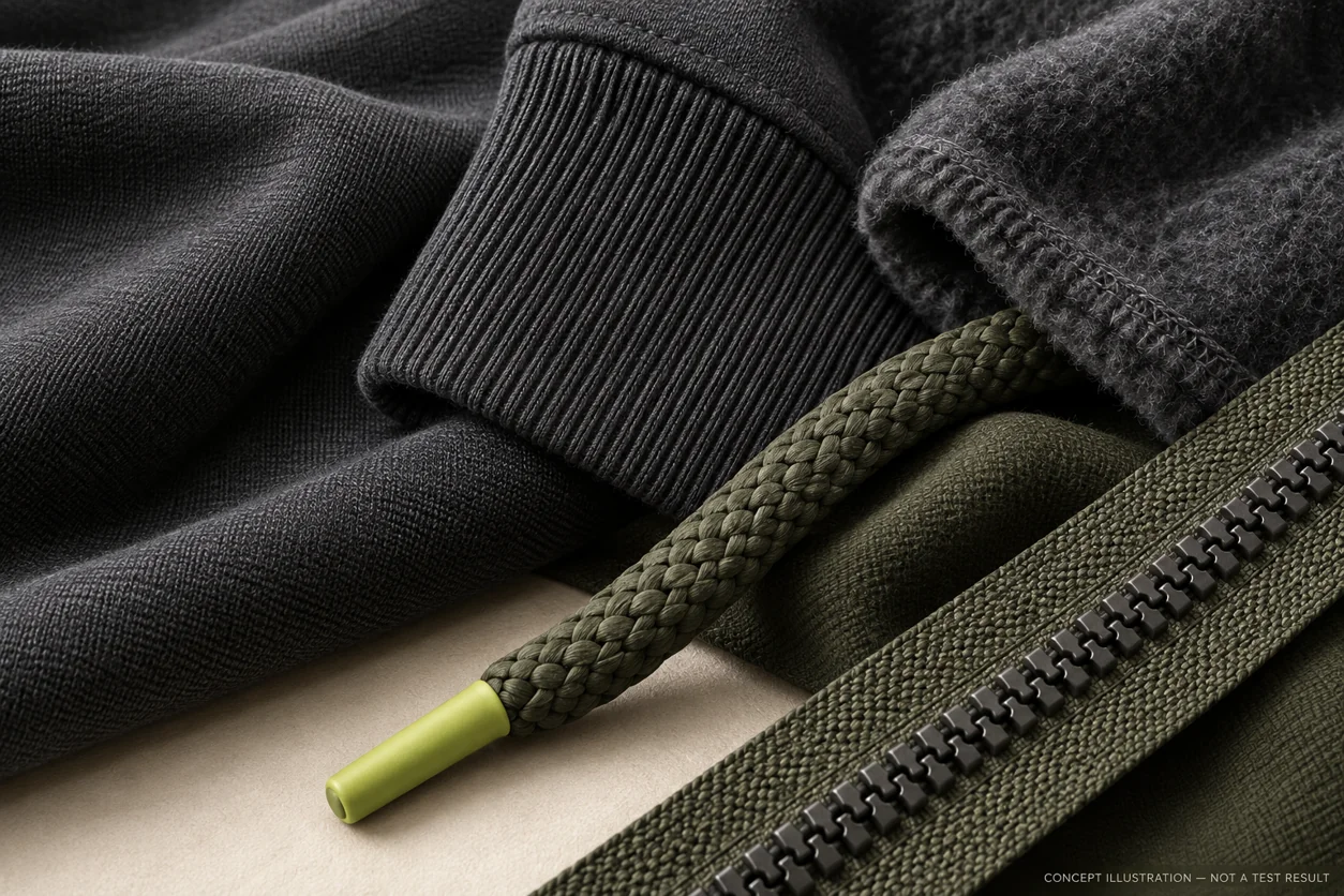Concept macro comparison of charcoal jersey, rib, fleece, drawcord and zipper tape textures