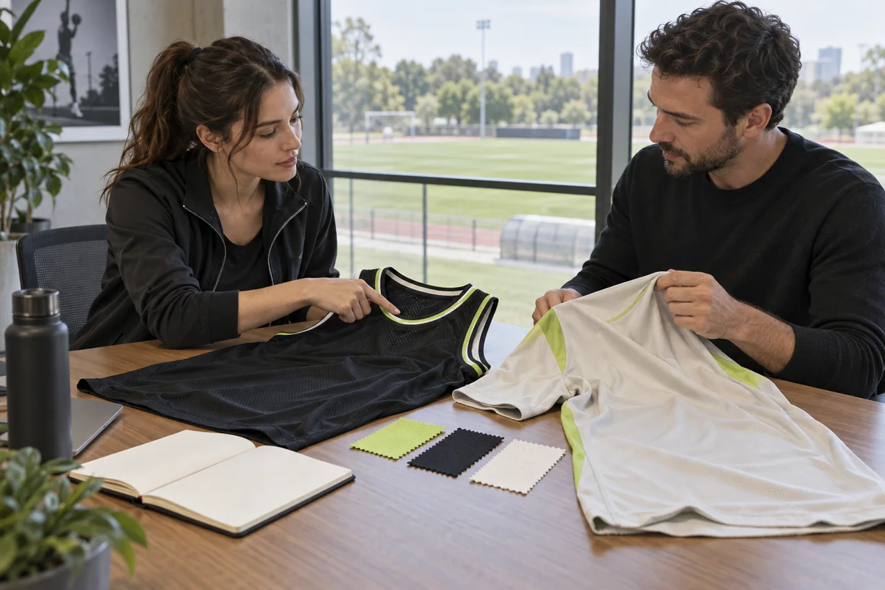 A kit coordinator and textile consultant compare a basketball jersey and training shirt with fabric swatches.