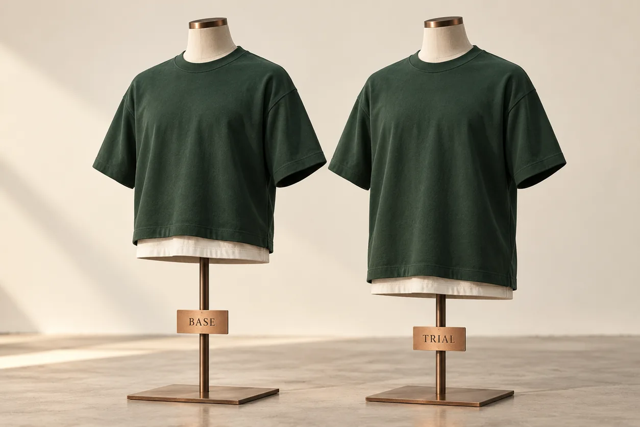 Base and trial green tees illustrate a proposed longer body while retaining a boxy silhouette