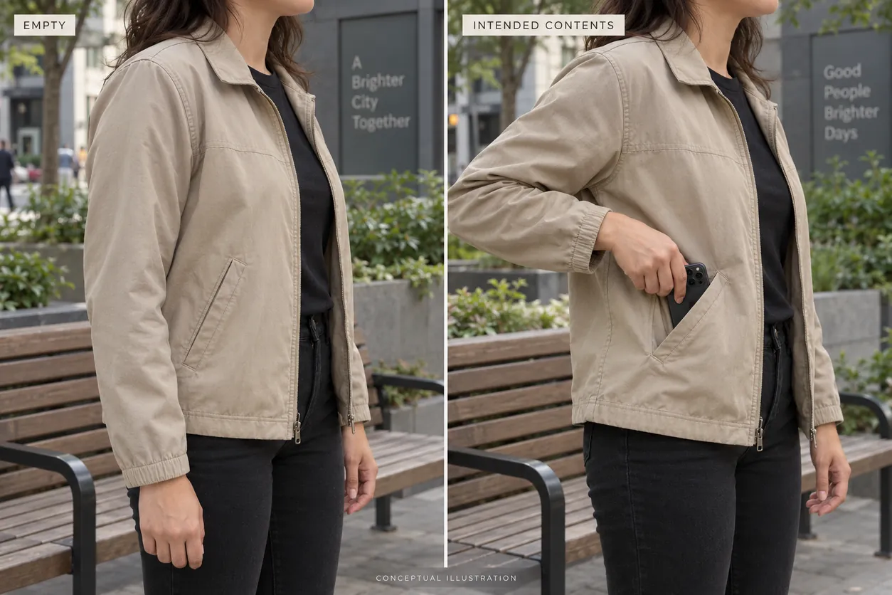 Conceptual side views compare a sand jacket pocket empty and receiving a smartphone during an intended-use review