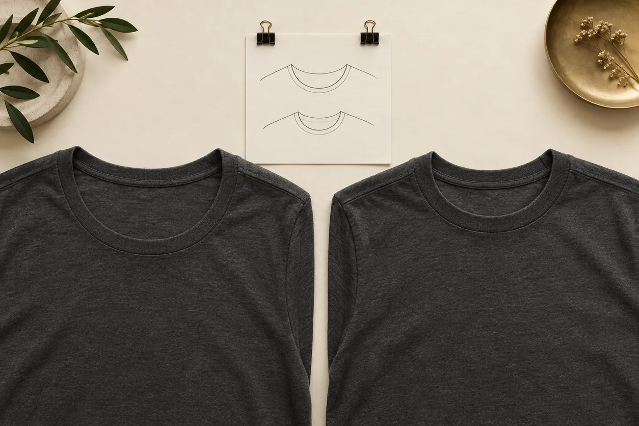 Two charcoal T-shirt neckline concepts with different openings sit beside a simple neckline sketch