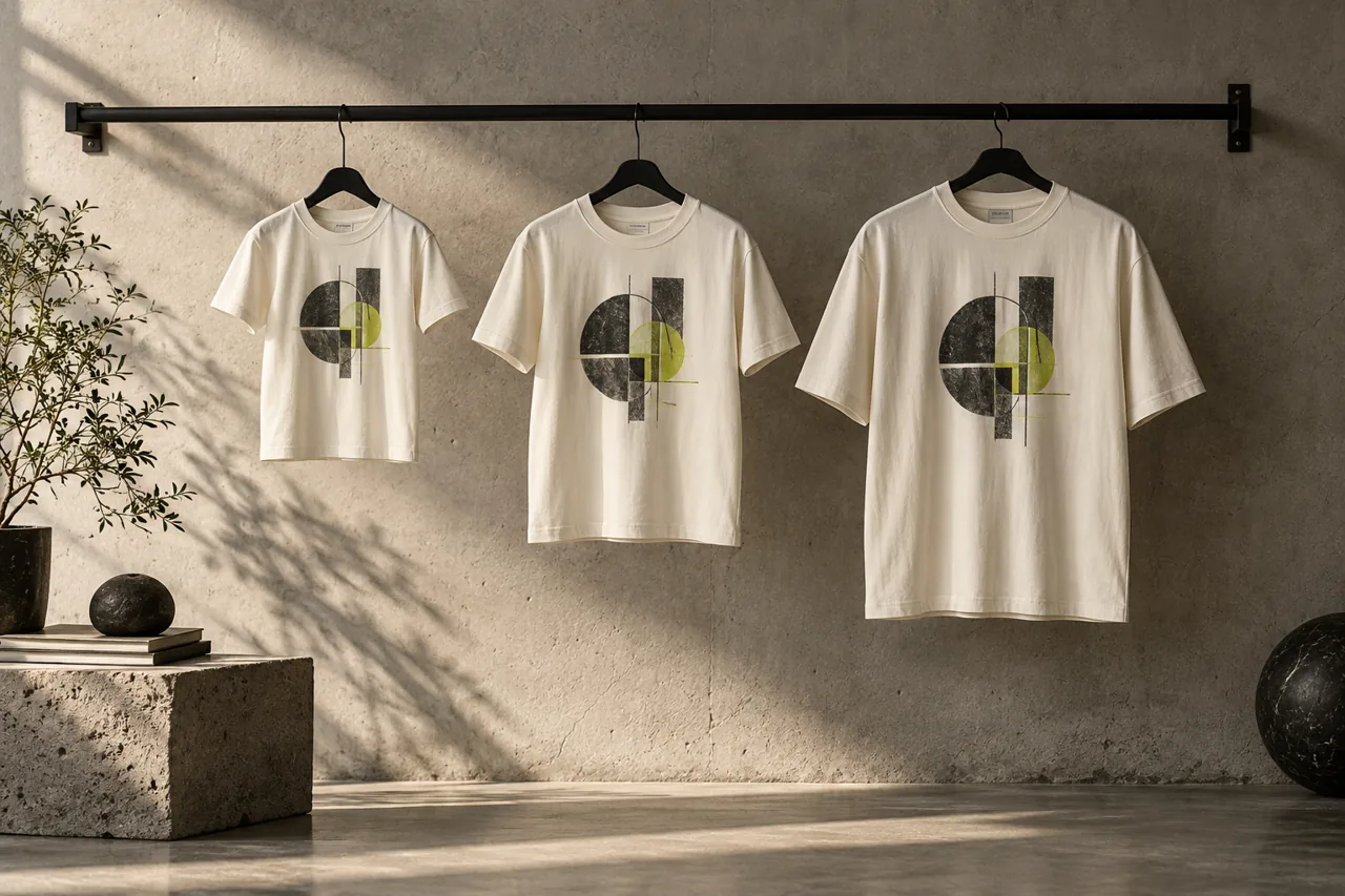 Conceptual display of three T-shirt sizes carrying the same geometric chest design