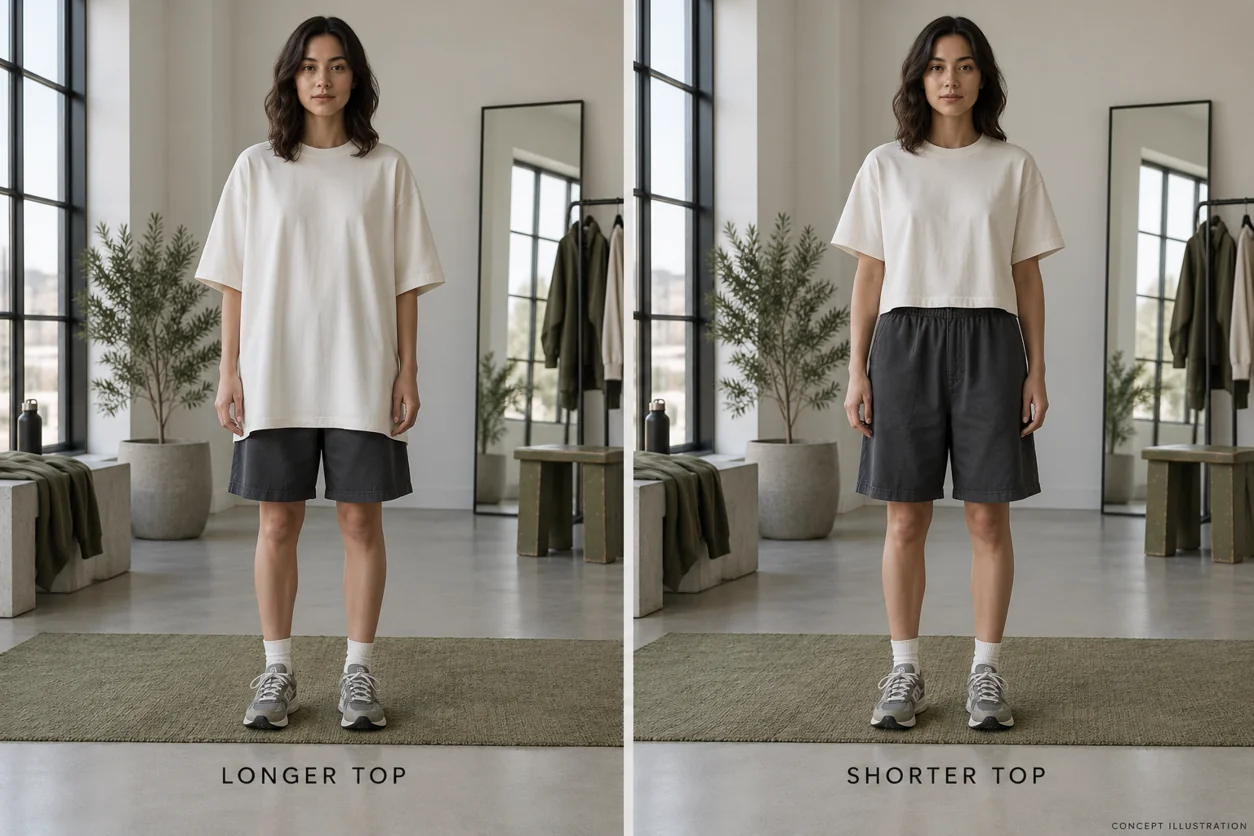 The same conceptual charcoal shorts are styled with a longer untucked tee and a shorter boxy tee in a fitting-room comparison