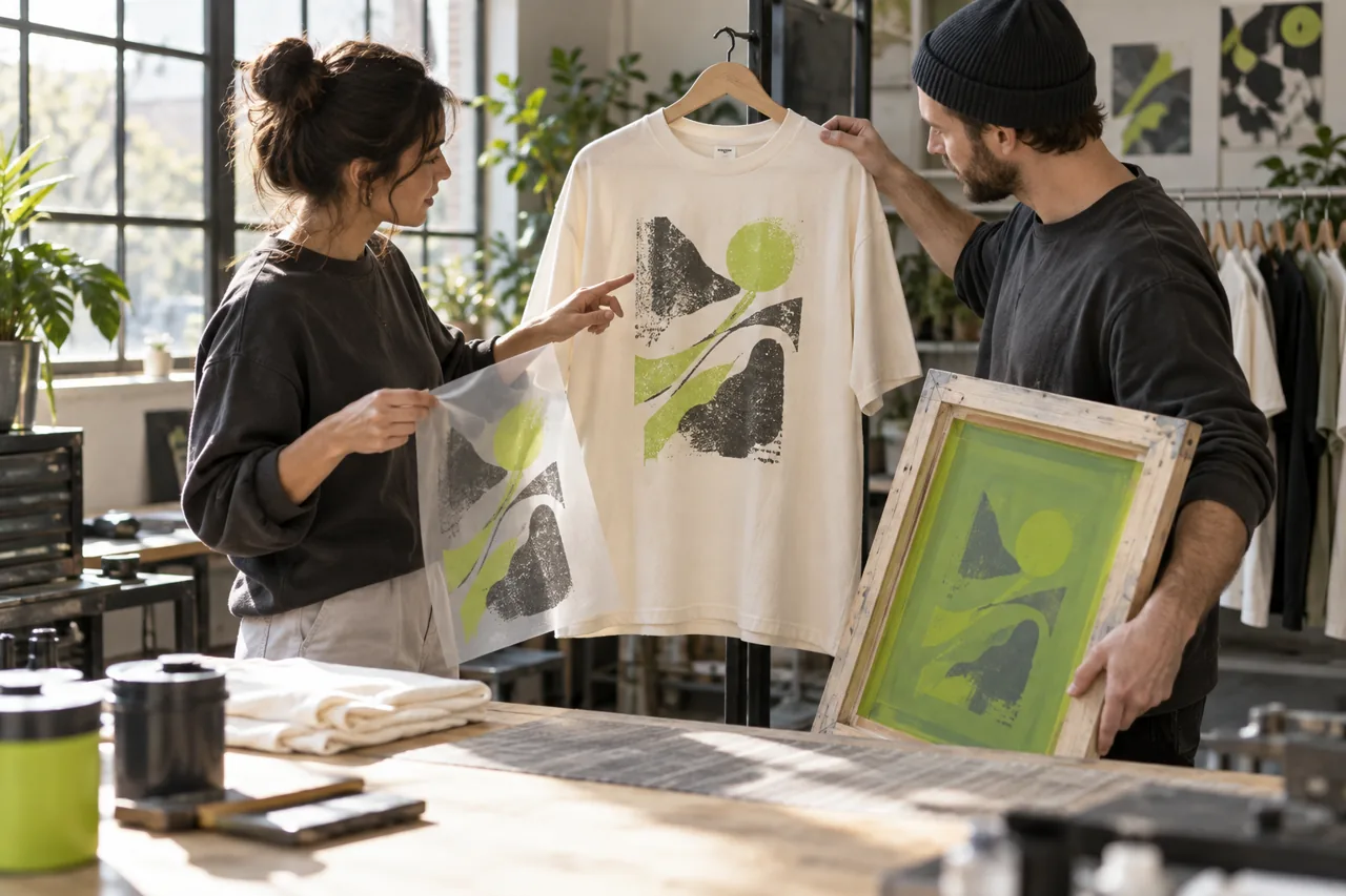 Conceptual designers discussing a graphic T-shirt with a screen frame and transfer film in a print studio