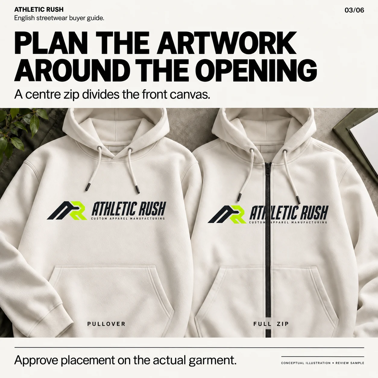 Conceptual comparison of the Athletic Rush logo on a pullover and the same logo divided by a full zip