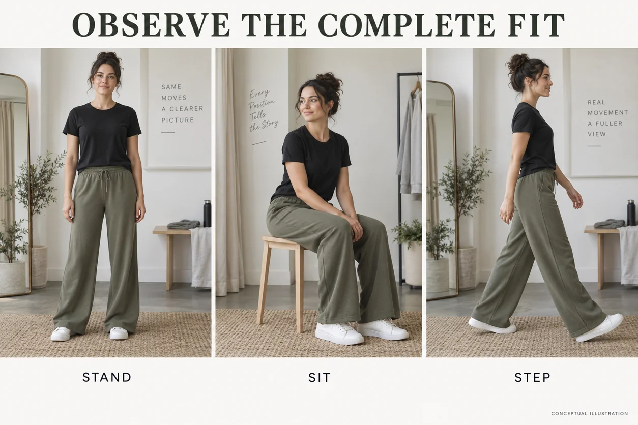 The same conceptual olive wide-leg sweatpant outfit is reviewed while standing, sitting and taking a step
