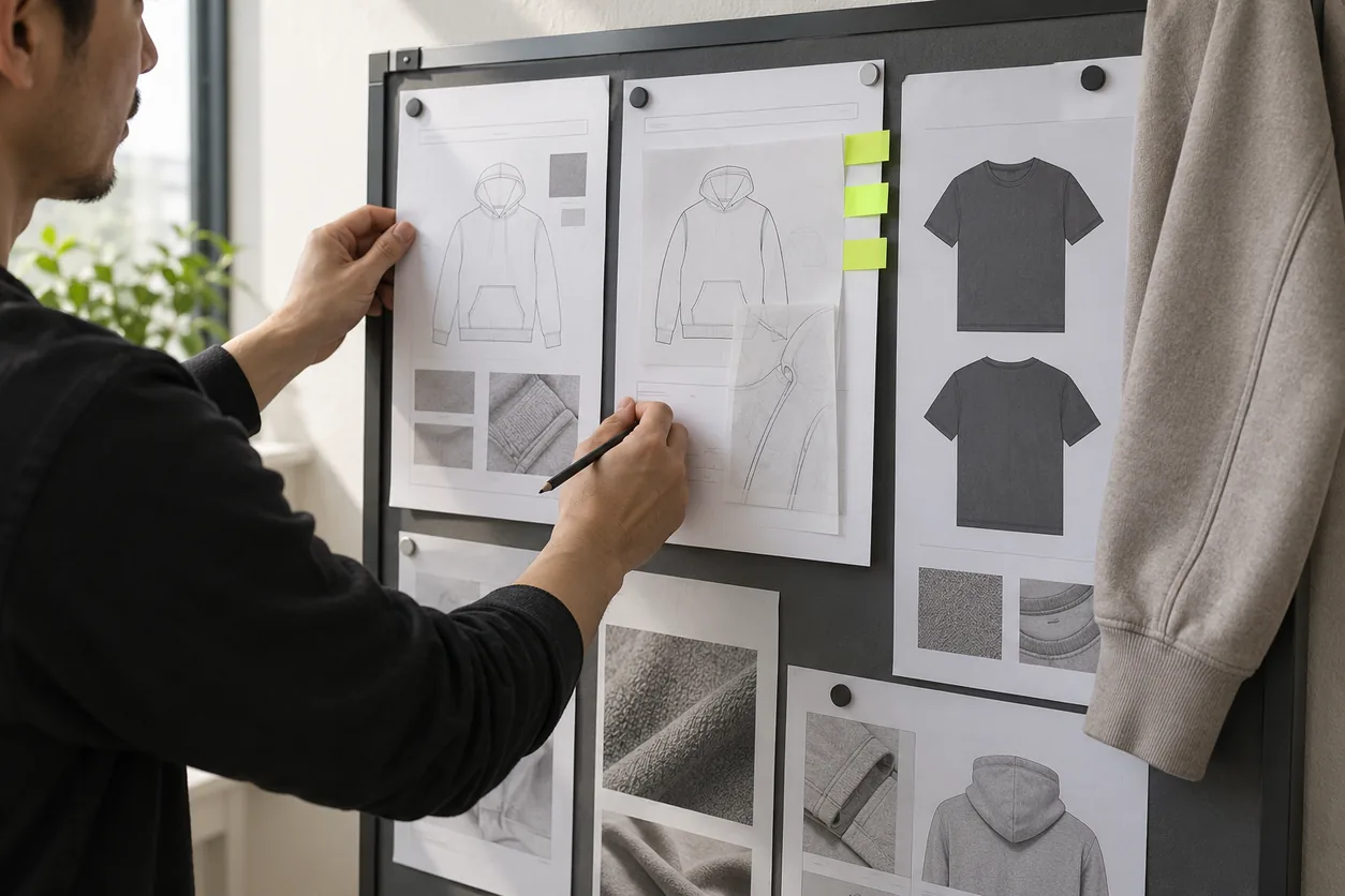 A founder aligns revised garment-reference sheets and a transparent overlay on a review board