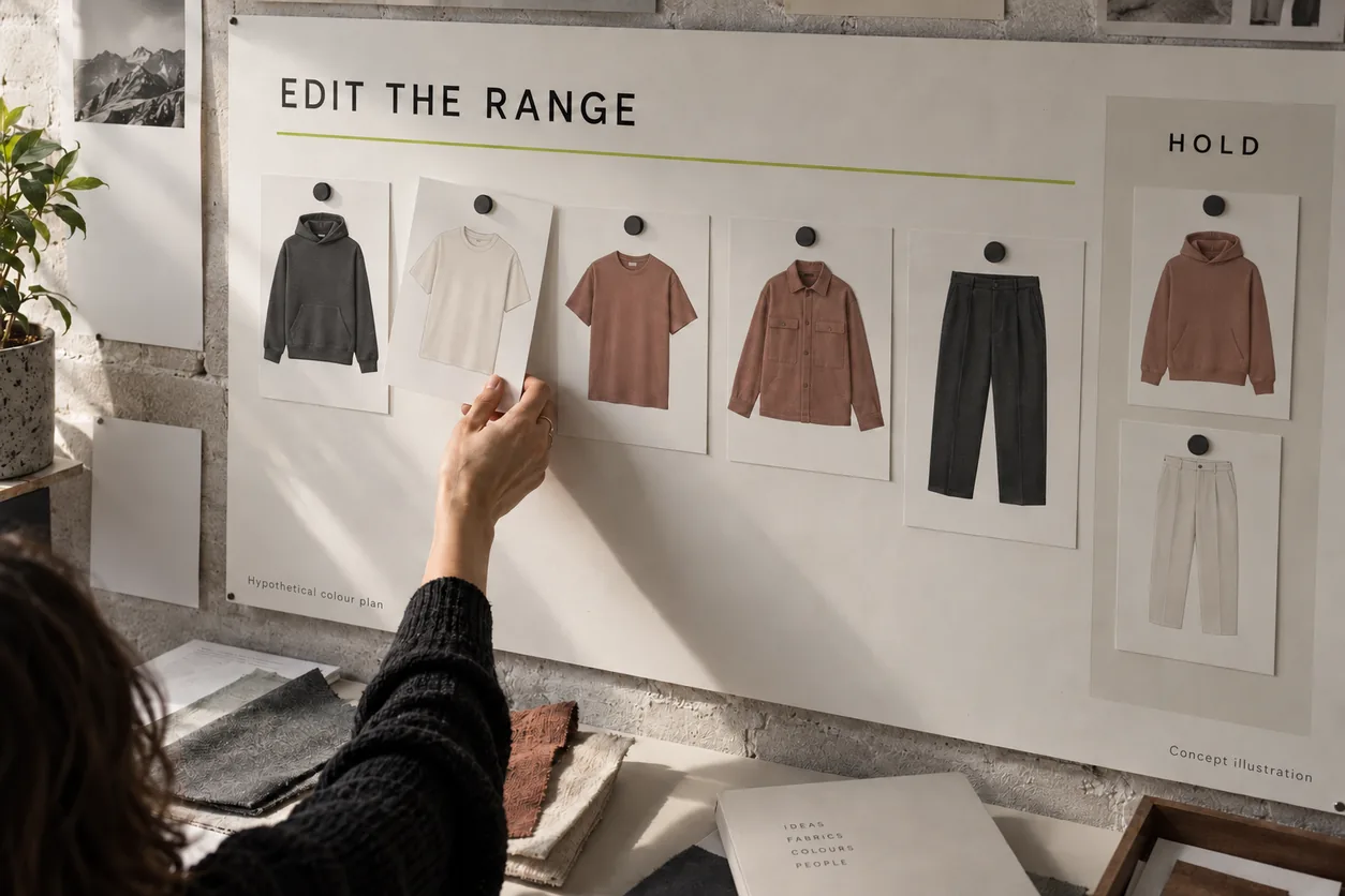 Conceptual planning board with five selected garment-colour cards and two separate held proposals