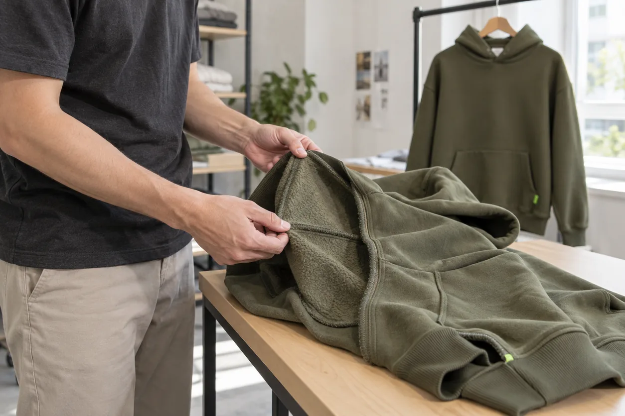 A reviewer checks the inside seam and cuff area of an olive hoodie beside a retained garment reference