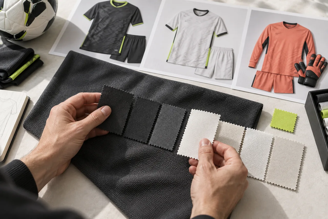Physical printed swatches are compared with a larger fabric reference under neutral daylight.