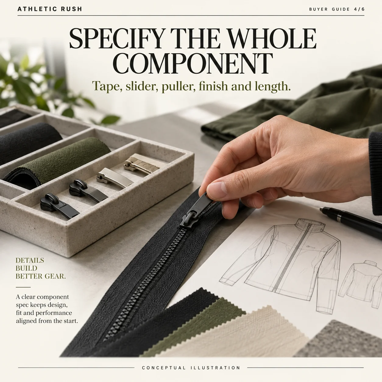 Conceptual component review showing zipper tape, slider, puller, finish references and a garment drawing