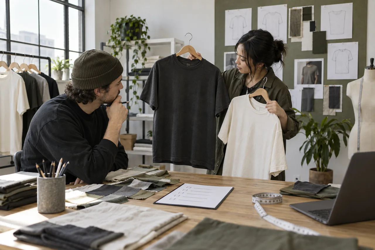 Conceptual buyer and pattern maker reviewing identified T-shirt samples