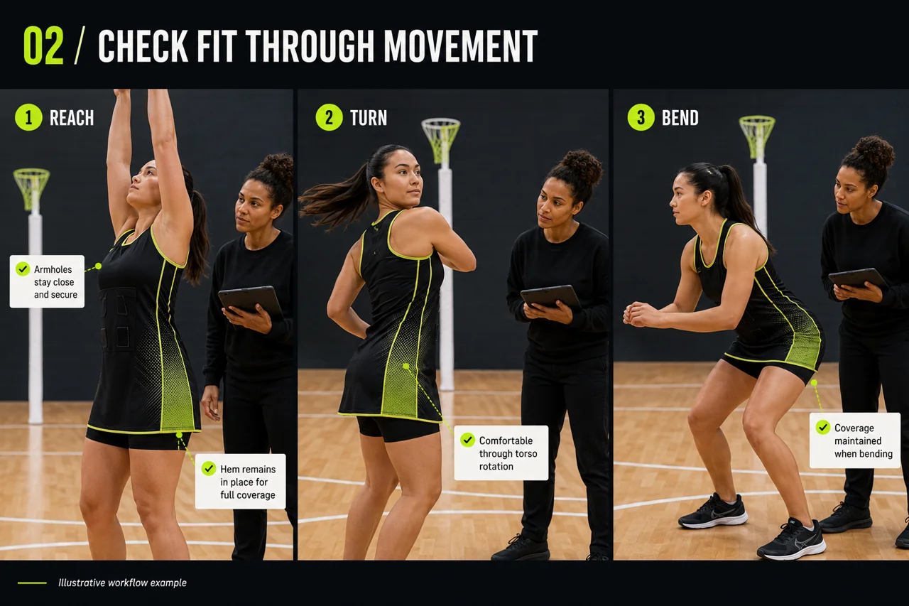Review reach, turning and bending to assess movement, coverage and comfort.