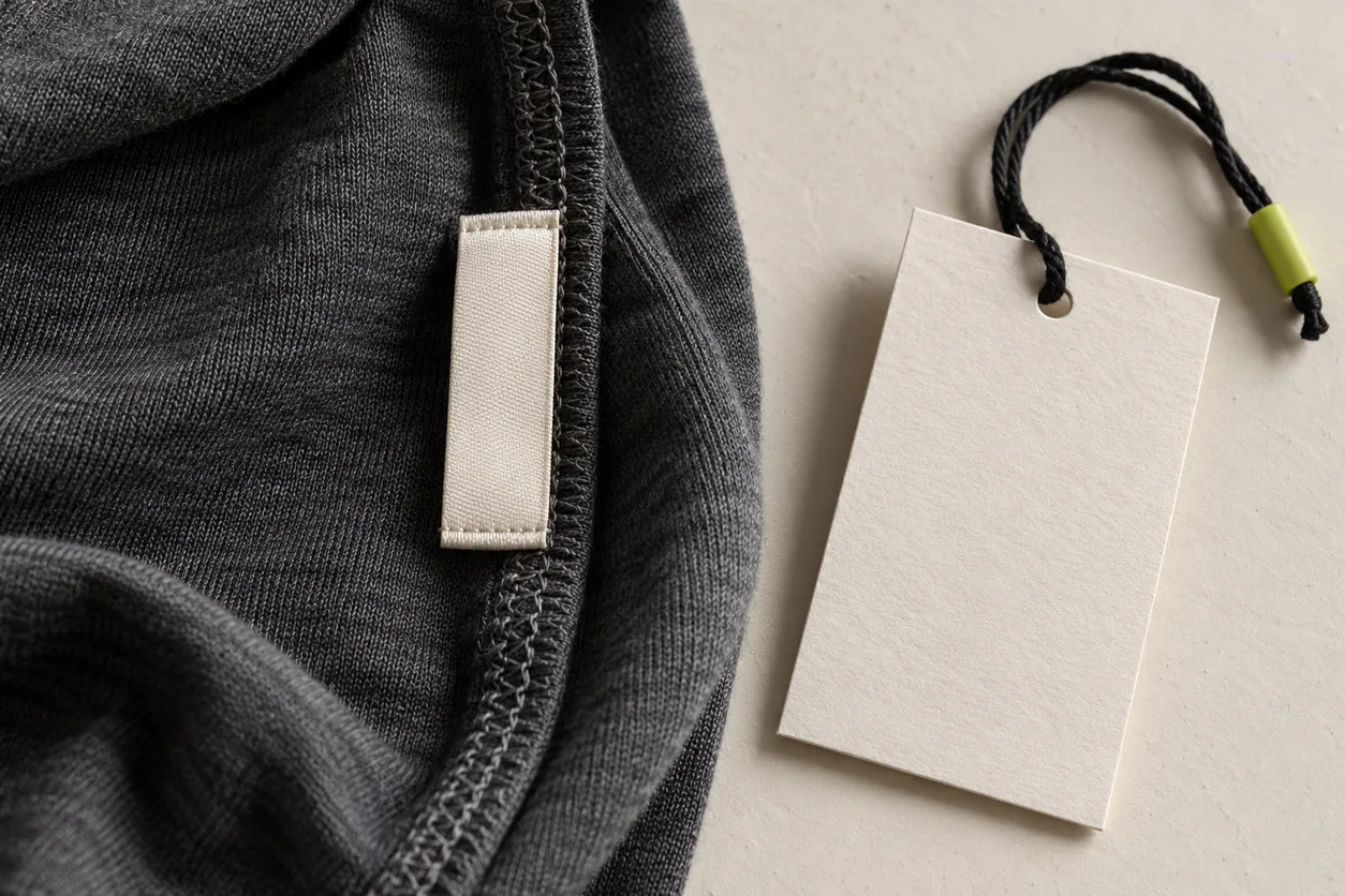 A blank sewn fabric label in a garment seam is shown beside a separate paper hangtag and string