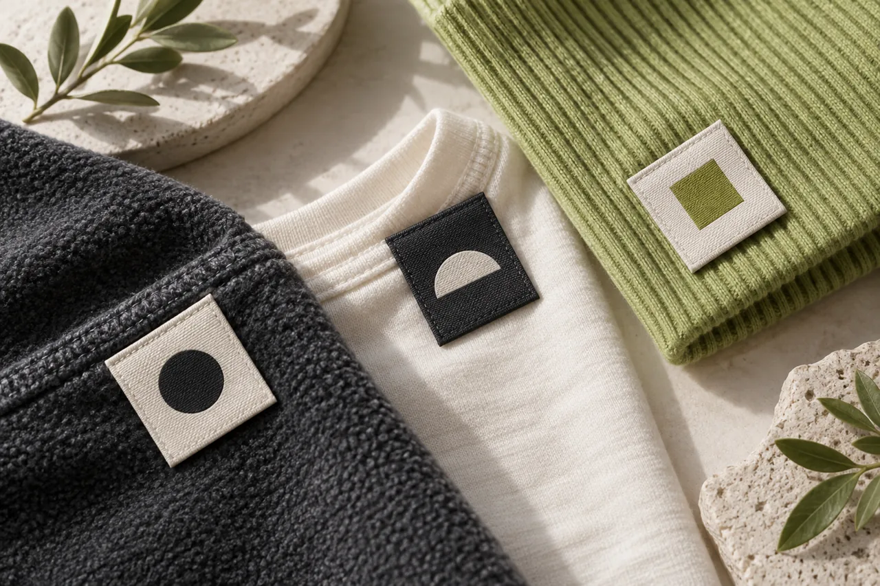 Contrasting woven label concepts paired with charcoal fleece, ivory jersey and lime rib fabric