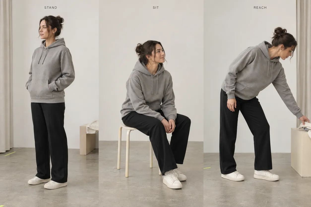 Conceptual after-care hoodie fit review through standing, sitting and reaching views