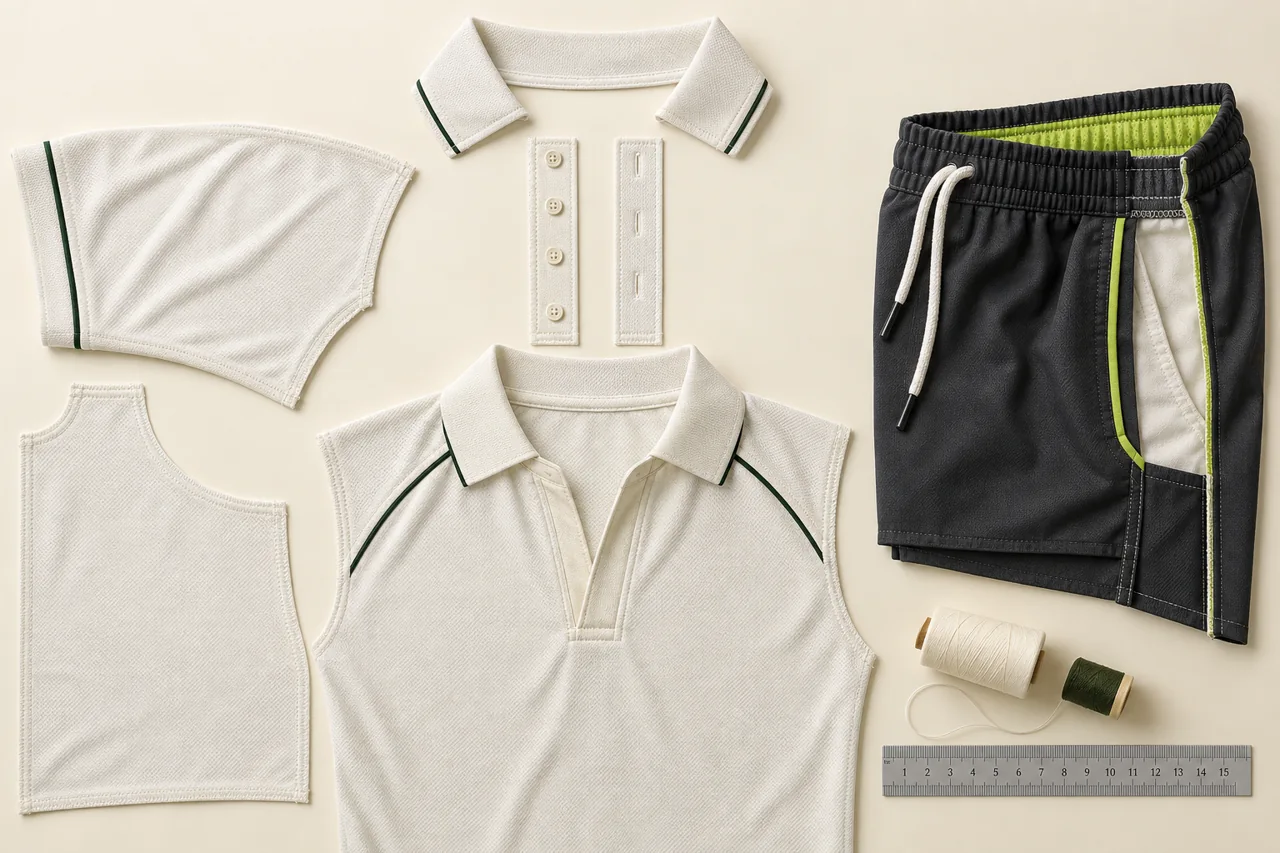 Review how collar, placket, sleeves, body panels and trouser details join into the approved garment.