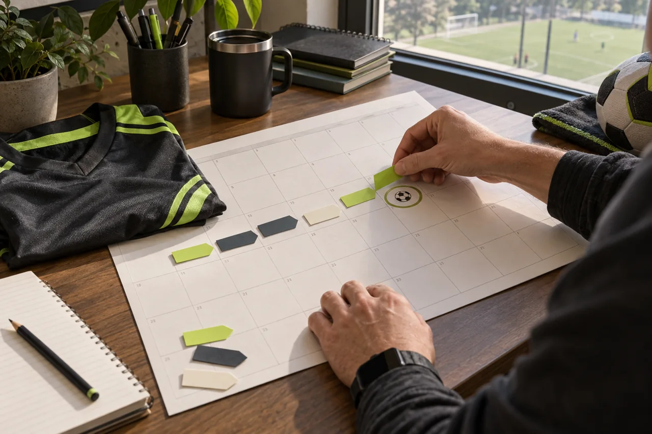A club manager places milestone tabs on a calendar beside a folded team jersey.