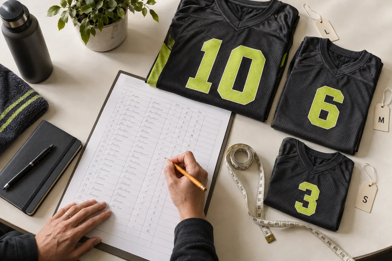 Hands cross-check a player roster alongside differently sized jerseys and a measuring tape.