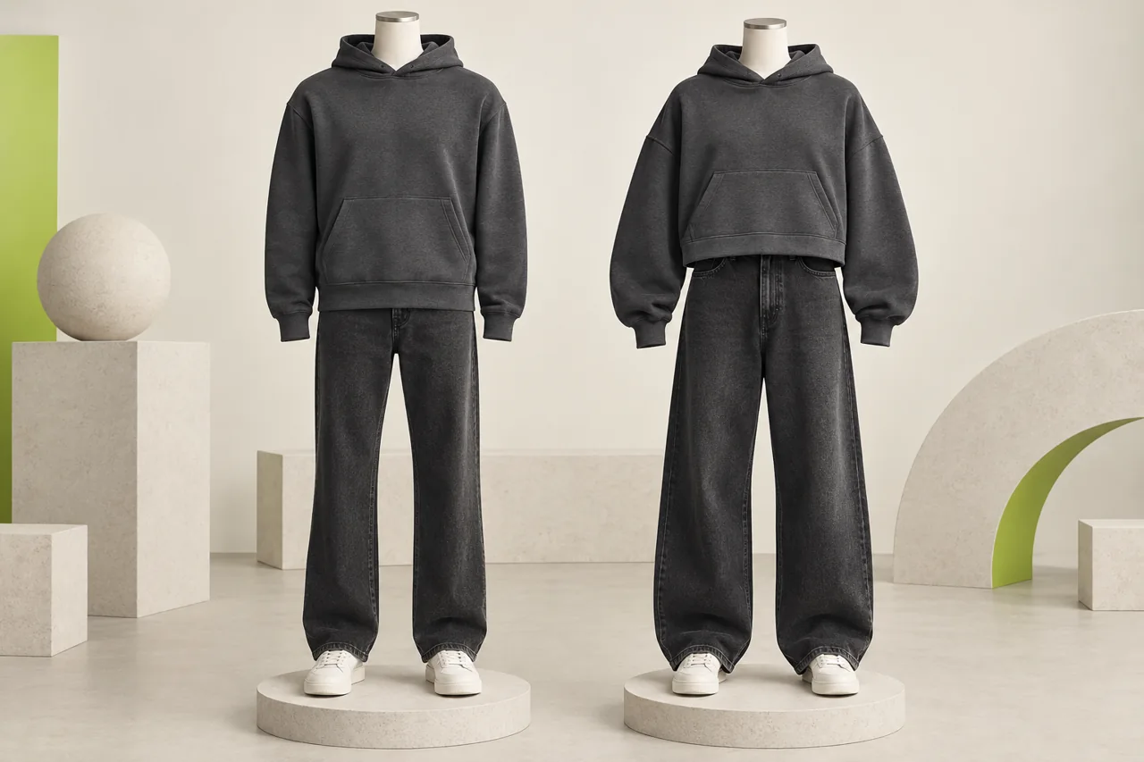 Regular and boxy charcoal hoodie silhouettes presented on separate dress forms for proportion comparison.