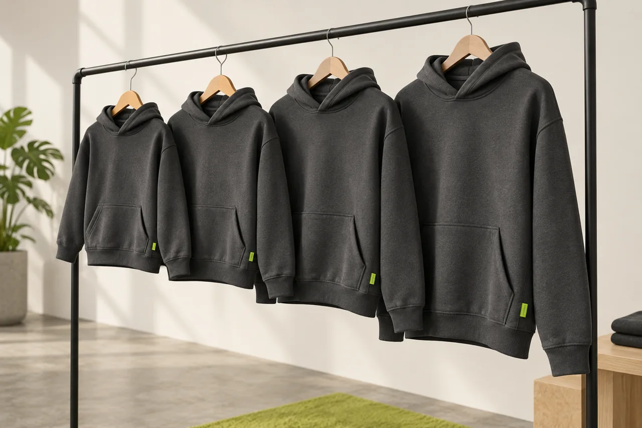 Four charcoal hoodies arranged by increasing size on a studio rail to illustrate review across a garment size range.
